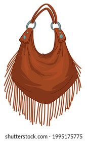 Shabby chic or bohemian accessories, isolated hippie clothes. Brown leather handbag with fringe and handle. Glamour clothing and apparel, modern look and fashion. Vector in flat style illustration