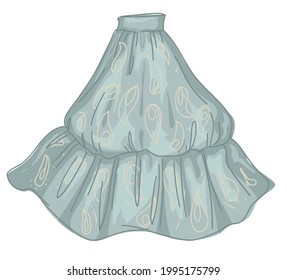 Shabby chic clothes and accessories for women, bohemian clothing for boho apparel. Cotton or linen skirt or long dress. Fashionable and trendy model, wearing glamour outfit. Vector in flat style