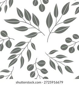 Shabby Chic Eukalyptus nahtlose Fliesenmuster mit gestressten Eukalyptus und weichen grauen Akzenten auf weißem Hintergrund ideal für charmante Räume Konzept als gestressten Eukalyptus und weichen grauen Akzenten auf weißem Hintergrund schaffen schäbige chic nahtlose Fliesenmuster für charmante Räume in Foto Stock Konzept und Leerraum auf der linken Seite, kein Text —ar 7:2 —tile