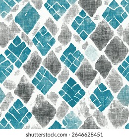 Shabby chic fabric design in teal and grey, with small diamond shapes. , ikat seamless pattern, seamless repeating vector pattern, design and pattern for textile print. Vector illustration.