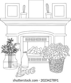 Shabby Chic Fireplace Vector Illustration Line Art