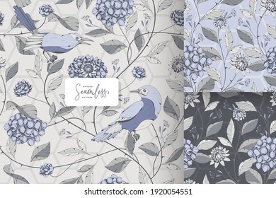 shabby chic floral and birds pattern template