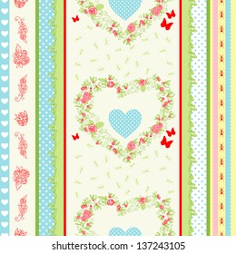 Shabby Chic floral pattern. Country style roses and stripes background.