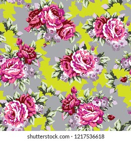 Shabby chic or granny chic vintage chintz roses seamless pattern design, classic ephemera flowers repeat background