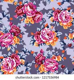 Shabby chic or granny chic vintage chintz roses seamless pattern design, classic ephemera flowers repeat background