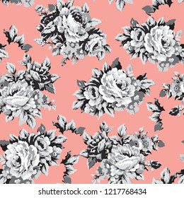 Shabby chic or granny chic vintage chintz roses seamless pattern design, classic ephemera flowers repeat background