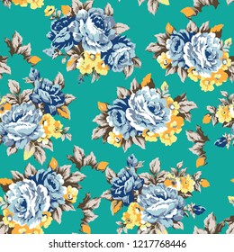 Shabby chic or granny chic vintage chintz roses seamless pattern design, classic ephemera flowers repeat background