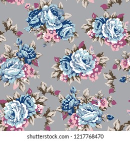 Shabby chic or granny chic vintage chintz roses seamless pattern design, classic ephemera flowers repeat background