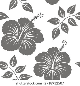 Shabby Chic hibiscus nahtlose Fliesenmuster mit gestressten Hibiskus und weichen grauen Akzenten auf weißem Hintergrund ideal für charmante Räume Konzept als gestresste Hibiskus und weichen grauen Akzenten auf weißem Hintergrund schaffen schäbige chic nahtlose Fliesenmuster für charmante Räume in Foto Stock Konzept und Leerraum auf der linken Seite, kein Text —ar 7:2 —tile