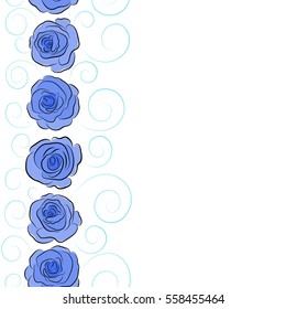 Shabby chic illustration with copy space (place for your text). Vector roses seamless pattern. Retro background with vertical blue roses.