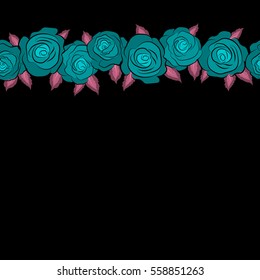 Shabby chic illustration with copy space (place for your text). Vector roses seamless pattern. Retro background with horizontal blue and pink roses.