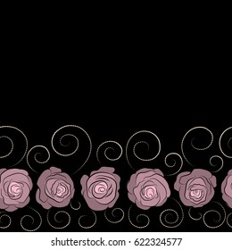 Shabby chic illustration with copy space (place for your text). Vector roses seamless pattern. Retro background with horizontal neutral and beige roses.