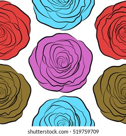 Shabby chic illustration. Vector roses seamless pattern. Retro background with neutral, blue and pink roses on a white background.