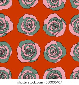 Shabby chic illustration. Vector roses seamless pattern. Retro background with green, pink and violet roses.