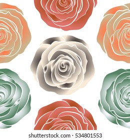 Shabby chic illustration. Vector roses seamless pattern. Retro background with beige, orange and pink roses on a white background.
