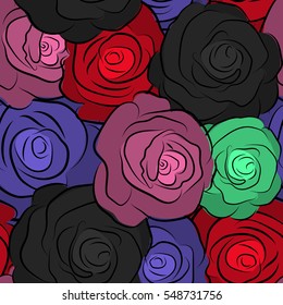 Shabby chic illustration. Vector roses seamless pattern. Retro background with pink, red and violet roses.