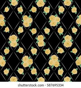 Shabby chic illustration. Vector roses seamless pattern. Retro background with yellow roses on a black background.