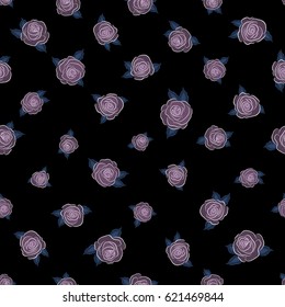 Shabby chic illustration. Vector roses seamless pattern. Retro background with blue and purple roses on a black background.