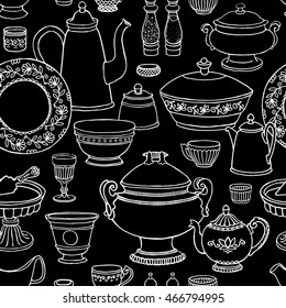 Shabby chic kitchen vector seamless pattern with cooking items. Hand drawn food and drink outline background in black and white. Vector illustration of side view sketchy dishware on blackboard.