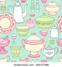 Shabby chic kitchen vector seamless pattern with cooking items. Hand drawn food and drink in pastel colors. Vector illustration of side view sketchy dishware.