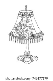 Shabby chic lamp. Hand drawn picture. Sketch for anti-stress adult coloring book in zentangle style. Vector illustration  for coloring page, isolated on white background. Template for poster.