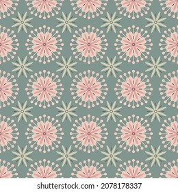 Shabby chic ornament. Seamless pattern with abstract flowers on pink background.