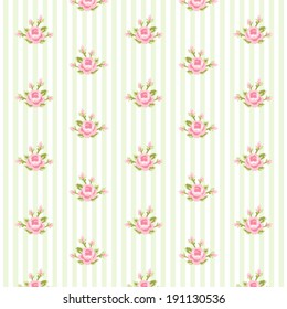 Shabby chic pattern with roses on striped background