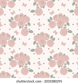 Shabby chic pink roses patterns, butterflies and polka dot, seamless backgrounds. Ideal for printing on fabric and paper or scrap bookings, covers, wallpapers, etc.