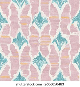 Shabby chic, pink and teal, a symmetrical pattern of palm leaves grunge lines ikat pattern, striped seamless pattern, Vector illustration background for print the paper.