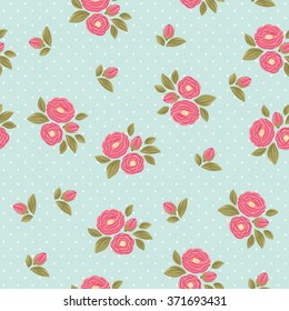 Shabby chic polka dot flora vintage pattern. Pink peonies with green leaves on blue polka dot background.