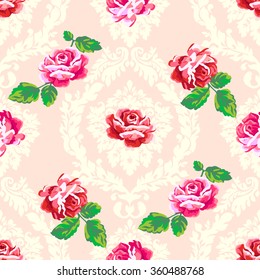 Shabby chic rose damask pattern. Vector seamless vintage floral background
