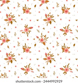 Shabby Chic Rose Flor Patrón de Vector sin costura, fondo floral rosa en blanco.