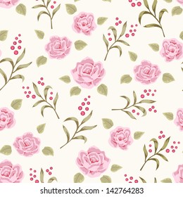Shabby chic rose pattern. Floral seamless background with flower and berry