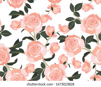 Shabby chic rose pattern. Scrap booking floral seamless orange flowers on white background. Graphic vintage print. Small floral pattern for fabric.