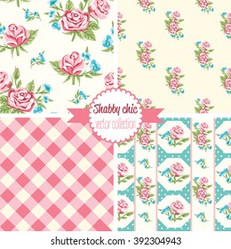 Shabby Chic Rose Patterns. Set seamless pattern. Vintage floral pattern, backgrounds. Vector illustration
