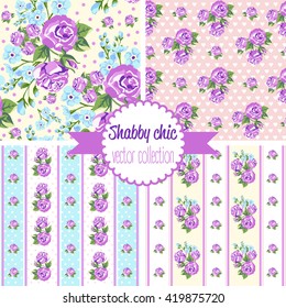 Shabby Chic Rose Patterns. Set seamless pattern. Vintage floral pattern, backgrounds. Vector illustration