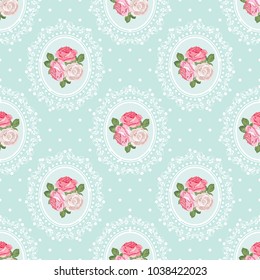 Shabby Chic Rose Seamless Pattern On Polka Dot Background. Vector Illustartion.