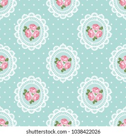 Shabby Chic Rose Seamless Pattern On Polka Dot Background. Vector Illustartion.