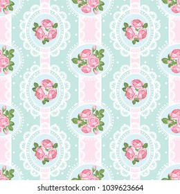 Shabby Chic Rose Seamless Pattern On Polka Dot With Ribbons And Laces Background. Vector Illustration.