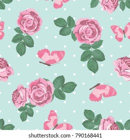 Shabby chic roses and butterflies seamless pattern on light green polka dot background. Vector illustartion