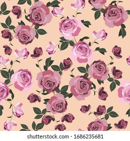 Patrón de rosas chic Shabby. Extracción de flores color rosa sin fisuras sobre fondo naranja. Impresión gráfica vintage. Pequeño patrón floral para tela.
