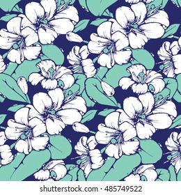 Shabby chic seamless pattern design with beautiful lemon or orange blossoms in cool color palette, vector repeating background for web and print purposes