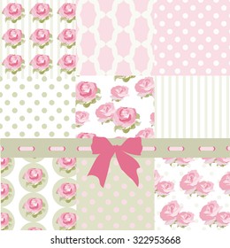 Shabby chic set of ornaments patterns with bow. Vector