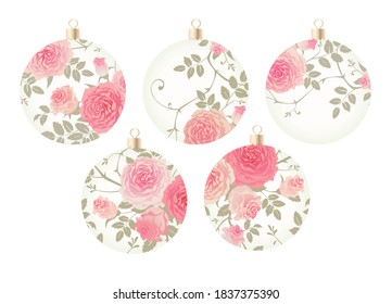 Shabby chic style Christmas balls, decorated of roses. Isolated on the white background. Winter holidays decorations in vector foir design.