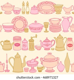Shabby chic style kitchen vector seamless pattern with cooking items. Hand drawn food and drink background. Vector illustration of side view sketchy dishware.