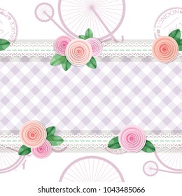 Shabby chic textile seamless pattern background. Girly. Different fabric pieces collage, decorated with lace and roses. Vector