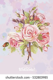 Shabby chic vector Illustration with roses. Vintage flower card for wedding. Romantic Floral frame, eps8