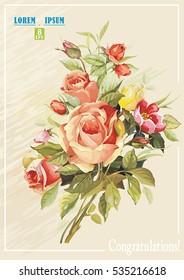 Shabby chic vector Illustration with roses. Vintage flower card for wedding. Romantic Floral frame, eps8