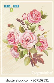 Shabby chic vector Illustration with roses. Vintage flower card for wedding. Romantic Floral frame