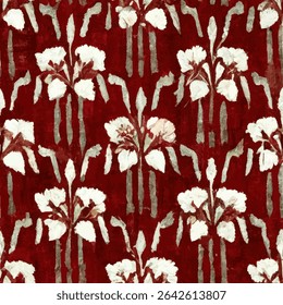 Shabby chic vintage kastanjebruin en wit blok-gedrukte floral grunge lijnen ikat patroon, ikat naadloos patroon, Vector illustratie achtergrond voor het afdrukken van het papier.